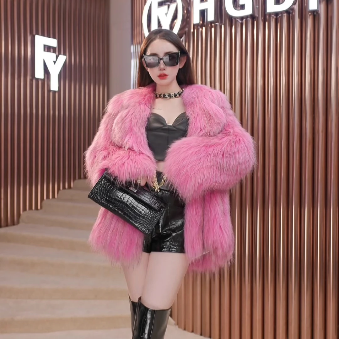 HGDF5010新款貉子毛单面编织大翻领设计师皮草外套