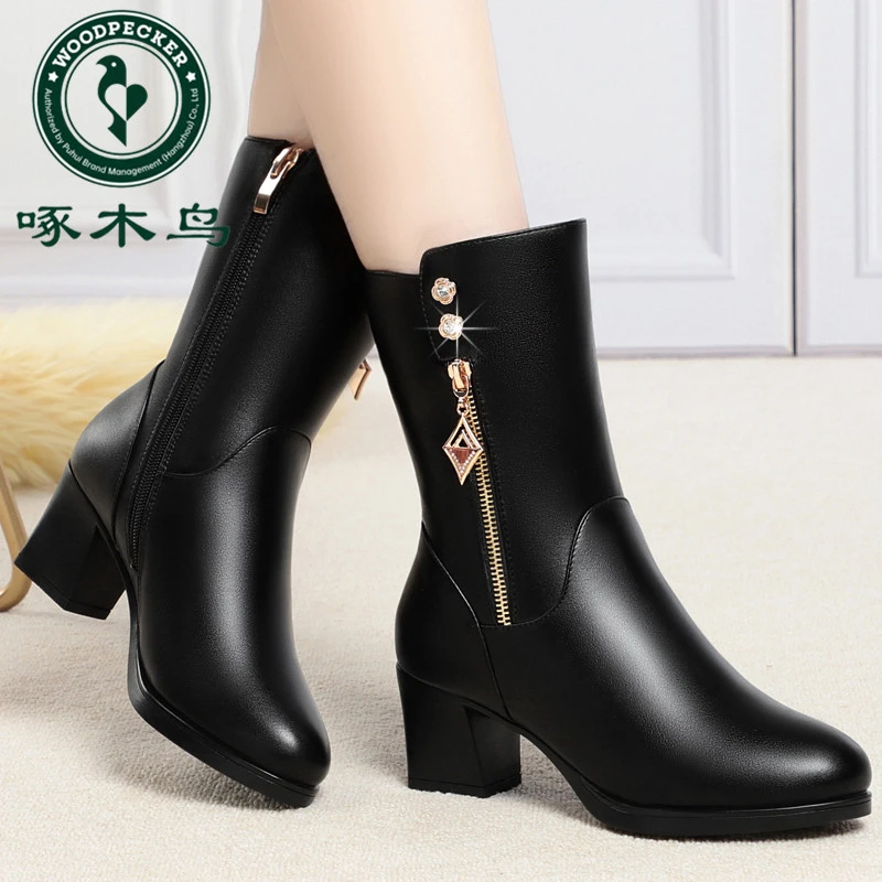 啄木鸟新款冬季加绒棉靴中筒靴子妈妈鞋中跟靴粗跟防滑保暖加绒靴