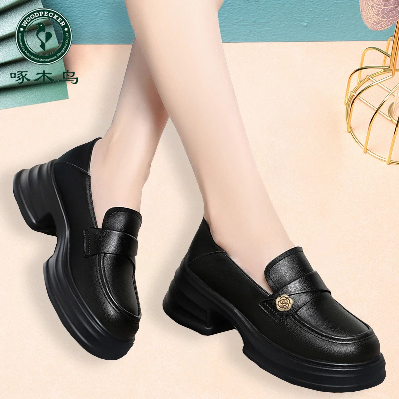 啄木鸟厚底乐福鞋女春秋季软底英伦风小皮鞋中跟单鞋子新款女鞋