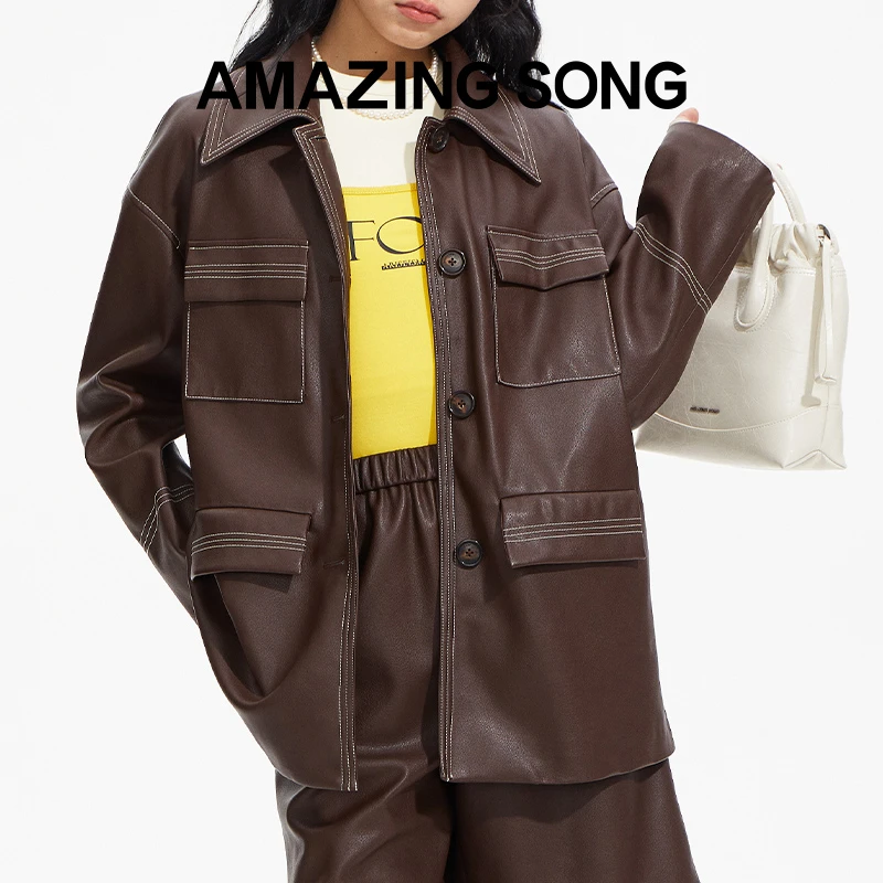 AMAZING SONG撞色压线皮革短裤外套时尚复古宽松休闲女士百搭套装