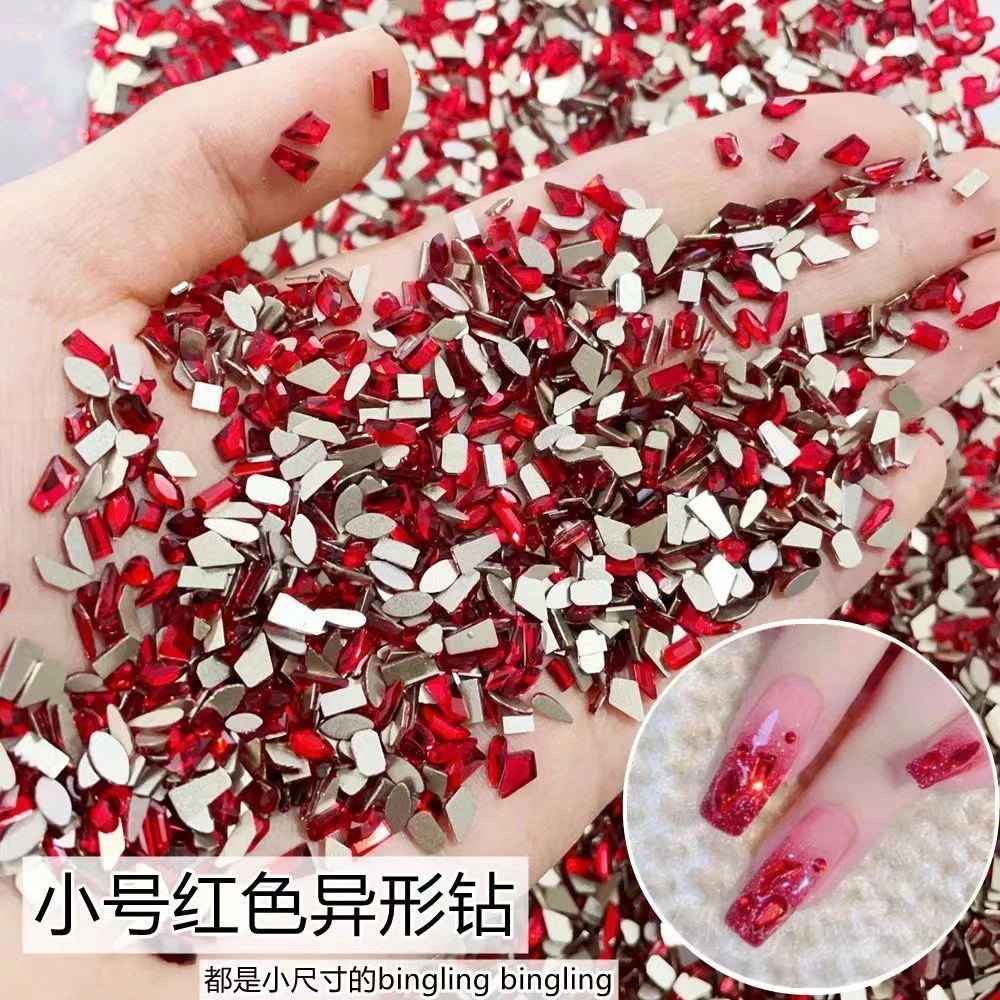 红色平底异形钻迷你小号美甲饰品异形钻平底混装超闪水滴菱形