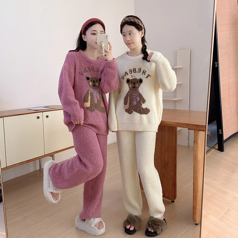 软绵绵睡衣女秋冬季2025新款宽松加厚保暖小熊珊瑚绒家居服套装