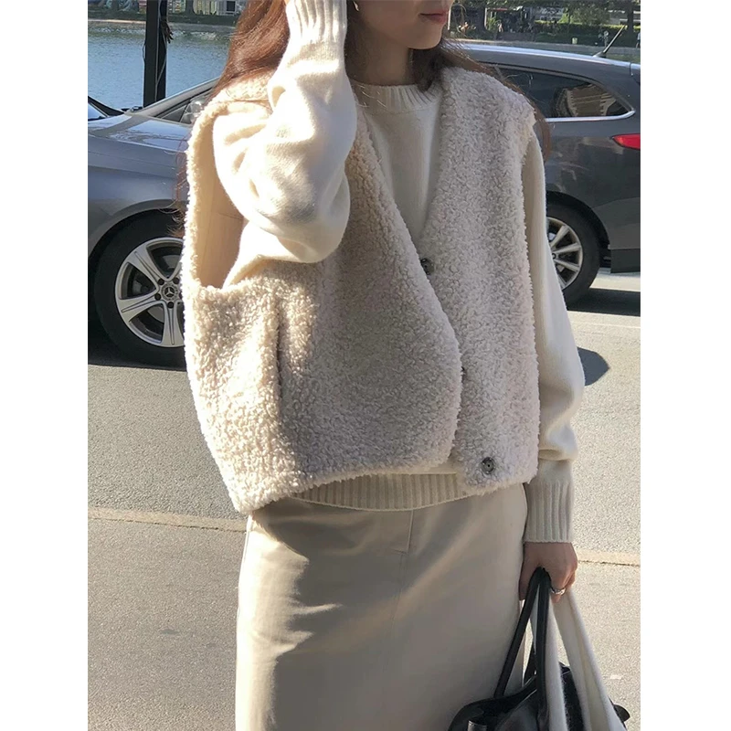 韩国东大门oun*ce 宽松毛绒绒百搭V领无袖皮毛一体马甲短款背心