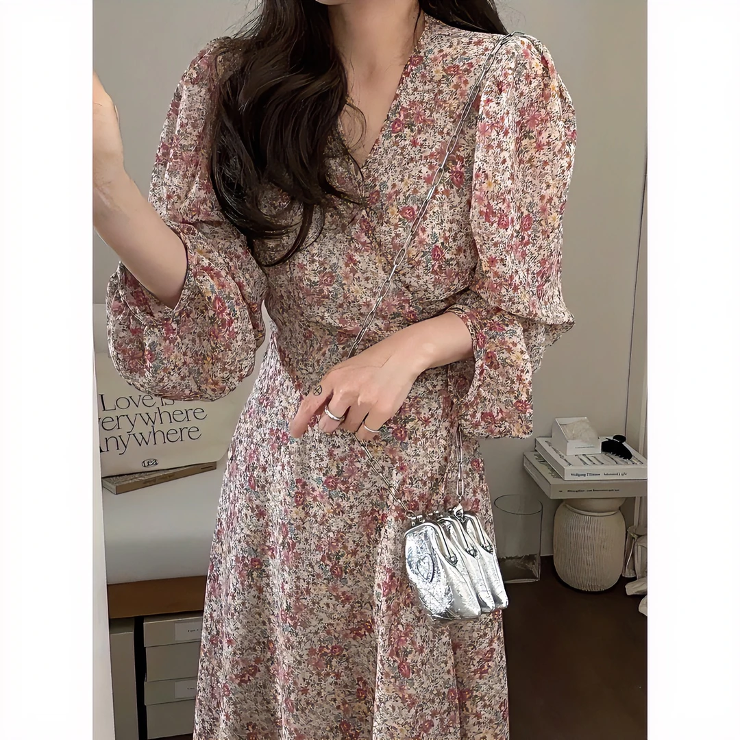 韩国imi*syouV领收腰系带碎花裙 温柔雪纺裙一片式长裙春夏