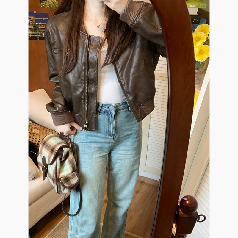 韩国东大门2025秋复古做旧短款小皮衣百搭设计感小个子夹克外套女