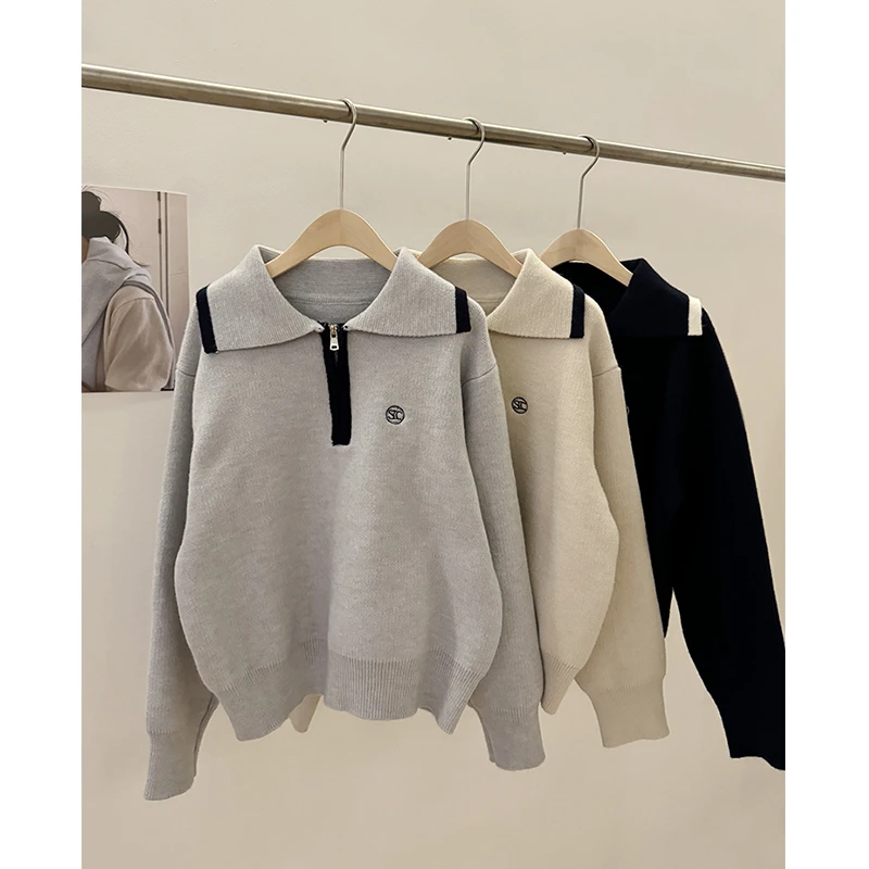 韩国gro*ve休闲半开拉链翻领刺绣套头撞色毛衣 宽松百搭针织衫女