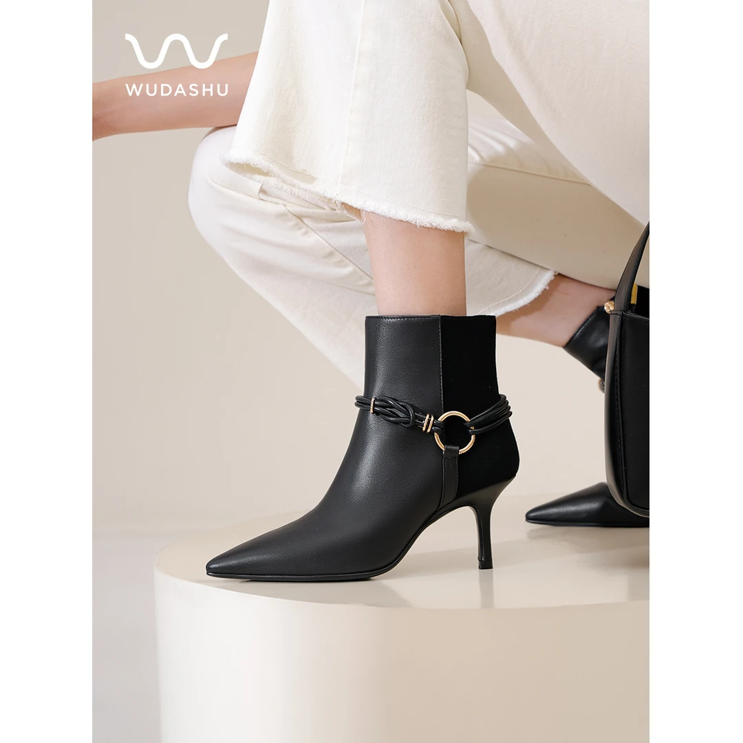 吴大叔2024冬季新款皮带扣尖头时尚短靴细跟百搭侧拉链靴子88-016