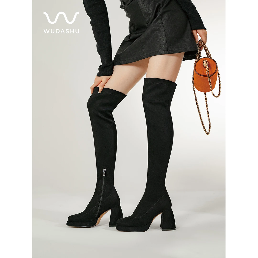 吴大叔冬季新款过膝长靴女粗跟厚底高筒靴不掉筒弹力瘦瘦靴10-591