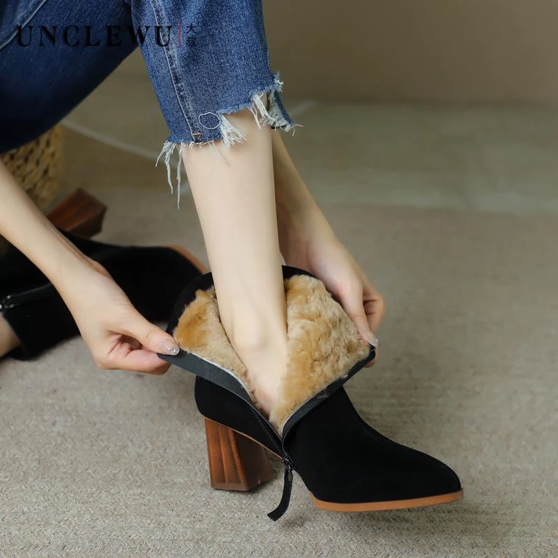 吴大叔2024秋冬新款时尚韩版百搭羊皮粗跟毛里真皮鞋短靴20-141M