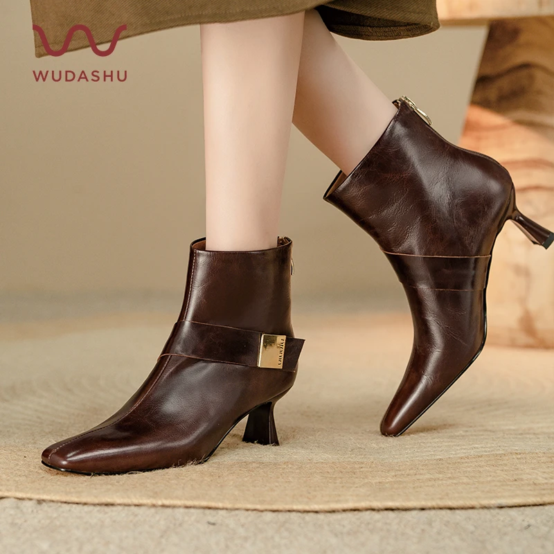 吴大叔2023年冬季新款法式复古风真皮短靴女高跟显瘦牛皮靴13-395