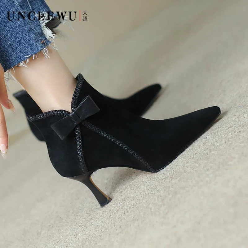 吴大叔秋冬新款蝴蝶结气质时尚洋气显瘦高跟真皮短靴细跟13-371