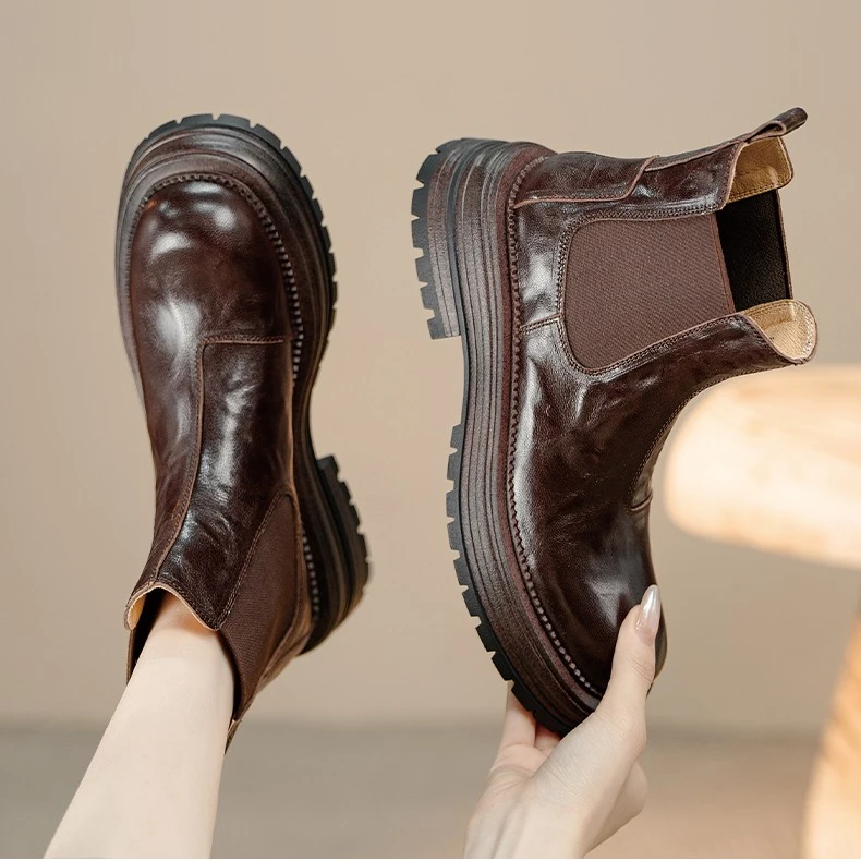 吴大叔2023冬季新款加绒短靴女厚底增高真皮靴子粗跟83-006切尔西