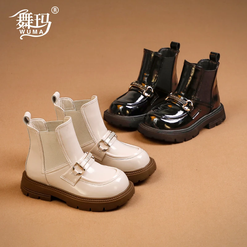舞玛女童马丁靴儿童短靴2023新款宝宝秋冬季松紧加绒二棉鞋234236