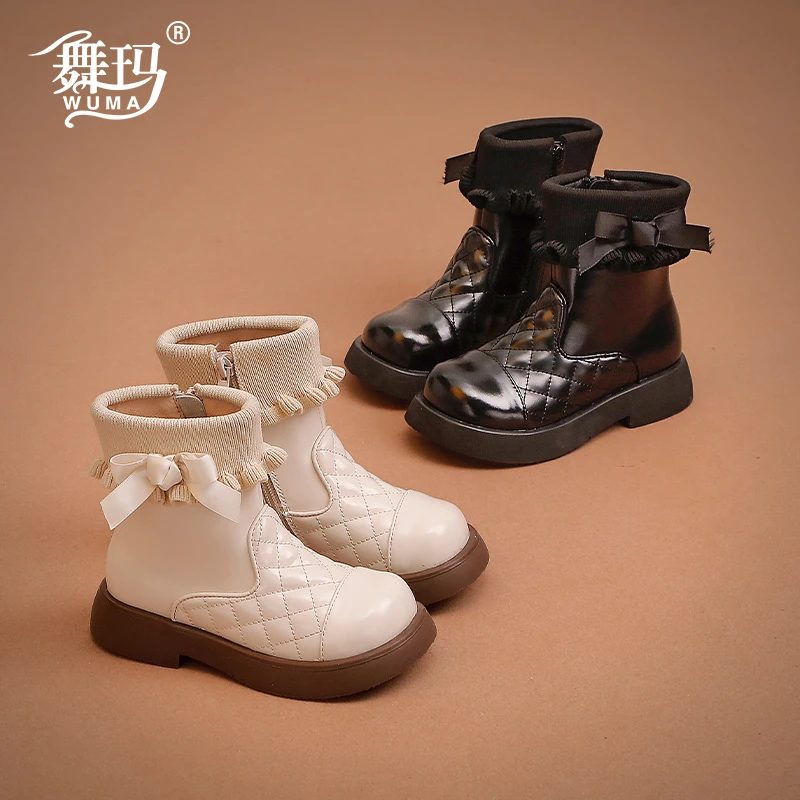 舞玛女童鞋子儿童短靴2023新款宝宝马丁靴冬季加绒女孩棉靴234274