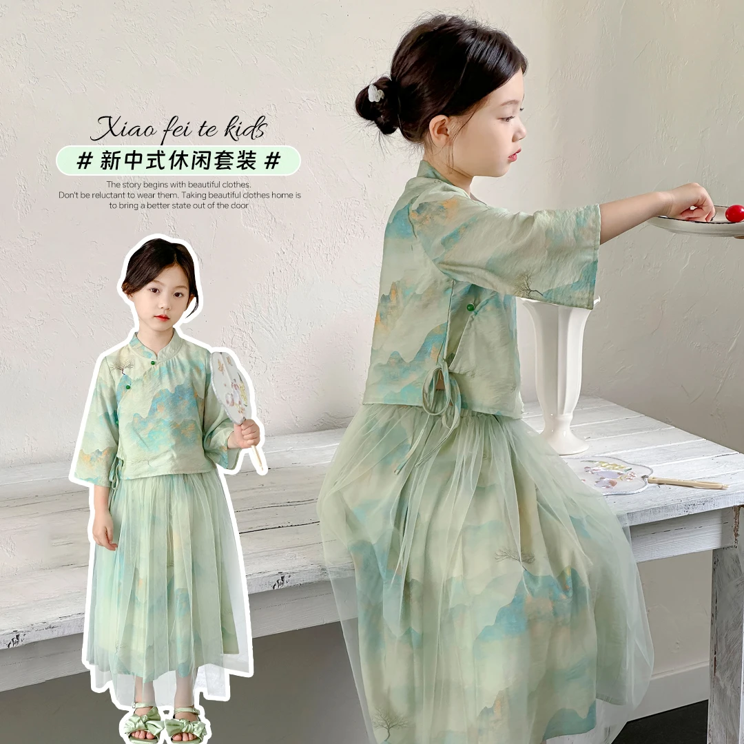 小菲特童装夏季新款女童中大童6-12中式短袖半身裙套装 BXTX40962