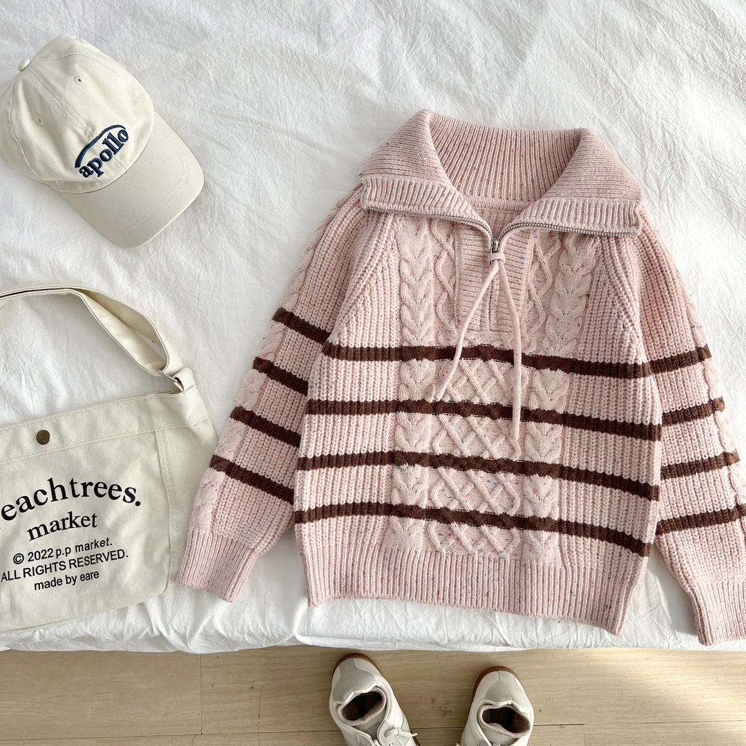 秋冬新款女童装时尚洋气百搭儿童彩点绞花拉链套头毛衣MGDYW48225