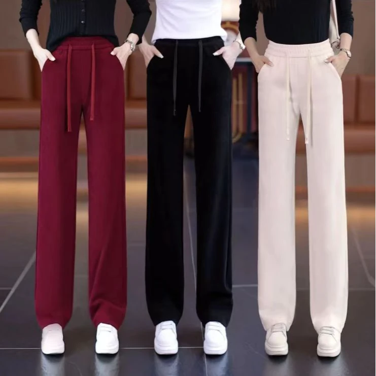 2024加绒加厚秋冬新款直筒裤女舒适阔腿休闲百搭显瘦保暖棉绒裤