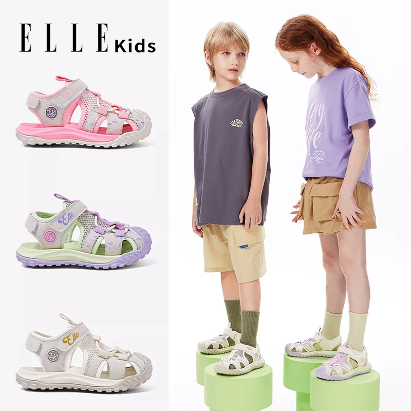 ELLE KIDS童鞋夏季儿童新款包头透气凉鞋镂空女童魔术贴休闲鞋