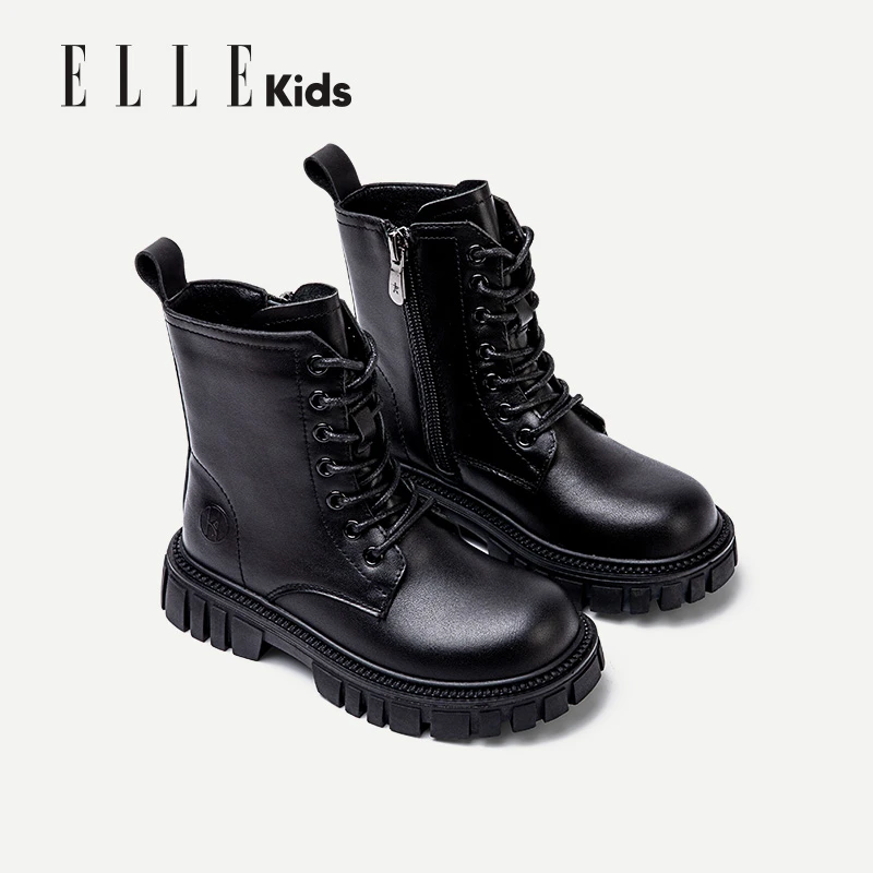 ELLE KIDS女童靴子2024新款冬季时尚男童短靴加绒真皮儿童马丁靴