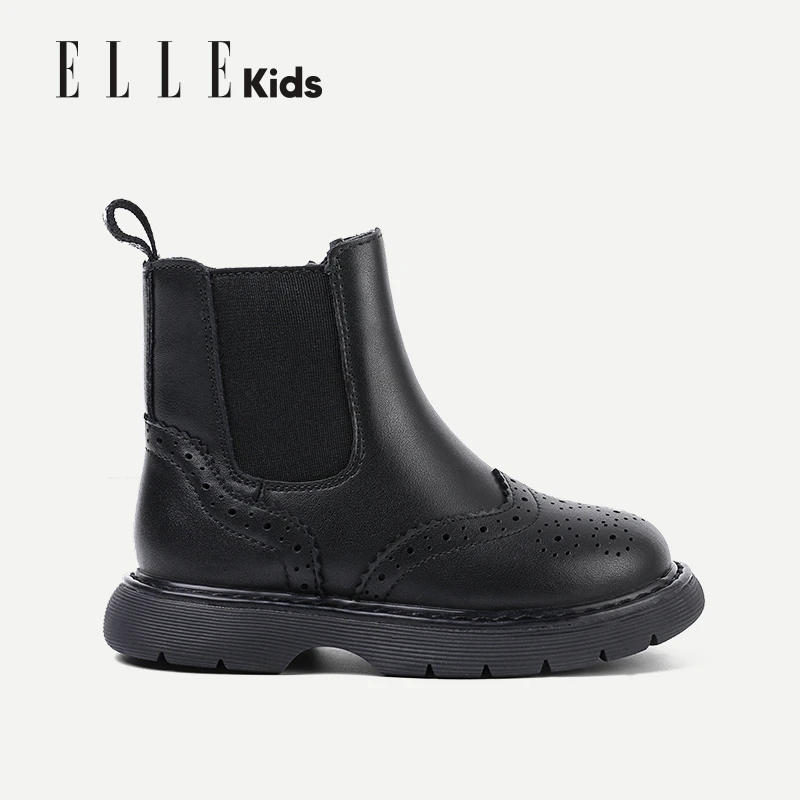 ELLEkids男童马丁靴真皮英伦风2025新款春季女孩单靴厚底女童短靴