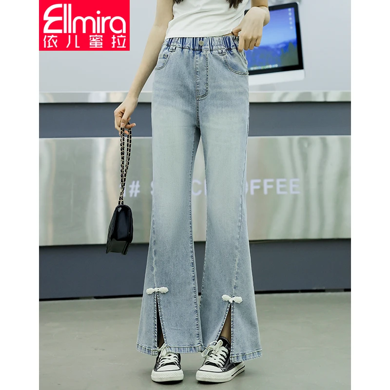 8219女童牛仔裤夏款国风微喇开叉儿童长裤2024新款洋气大童裤子薄