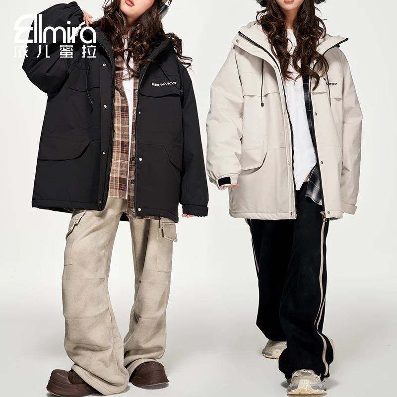 8776冲锋衣夹棉外套冬季加厚连帽上衣宽松2024新款潮洋气防风