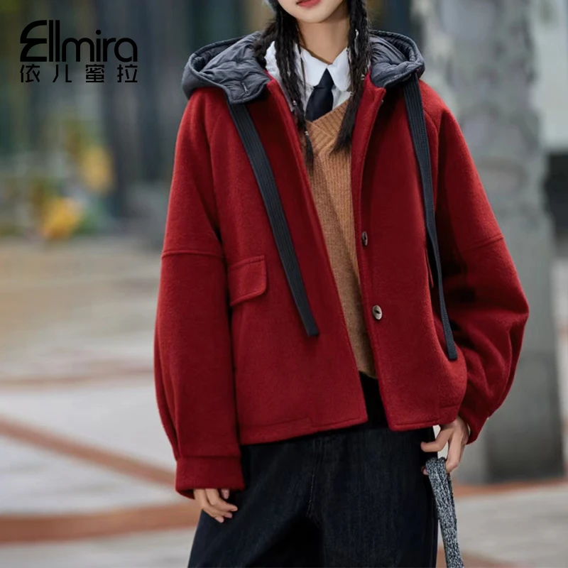 8857短款外套呢大衣连帽上衣加棉加厚红色2024新款洋气拜年服