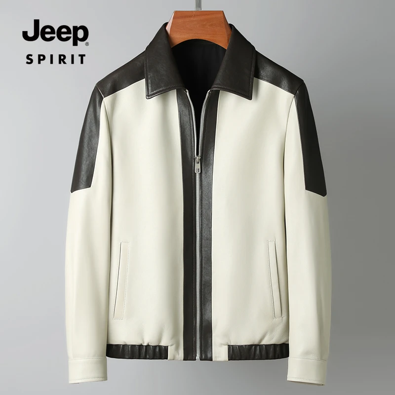 JEEP SPIRIT秋季男士绵羊皮休闲真皮夹克高档时尚潮流撞色皮外套