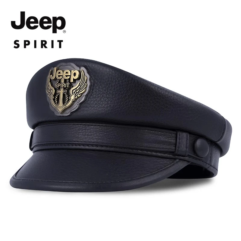 JEEP SPIRIT真皮帽子男士平顶水手船长帽时尚潮流牛皮单款鸭舌帽