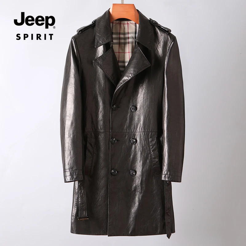 JEEP SPIRIT男士春秋真皮皮衣山羊皮中长款高档时尚风衣休闲外套