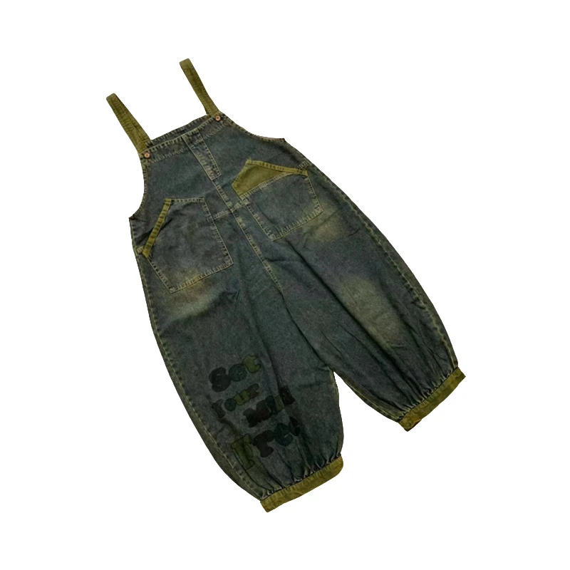 时尚复古牛仔背带裤女九分宽松灯笼裤洋气春秋水洗做旧2024秋季