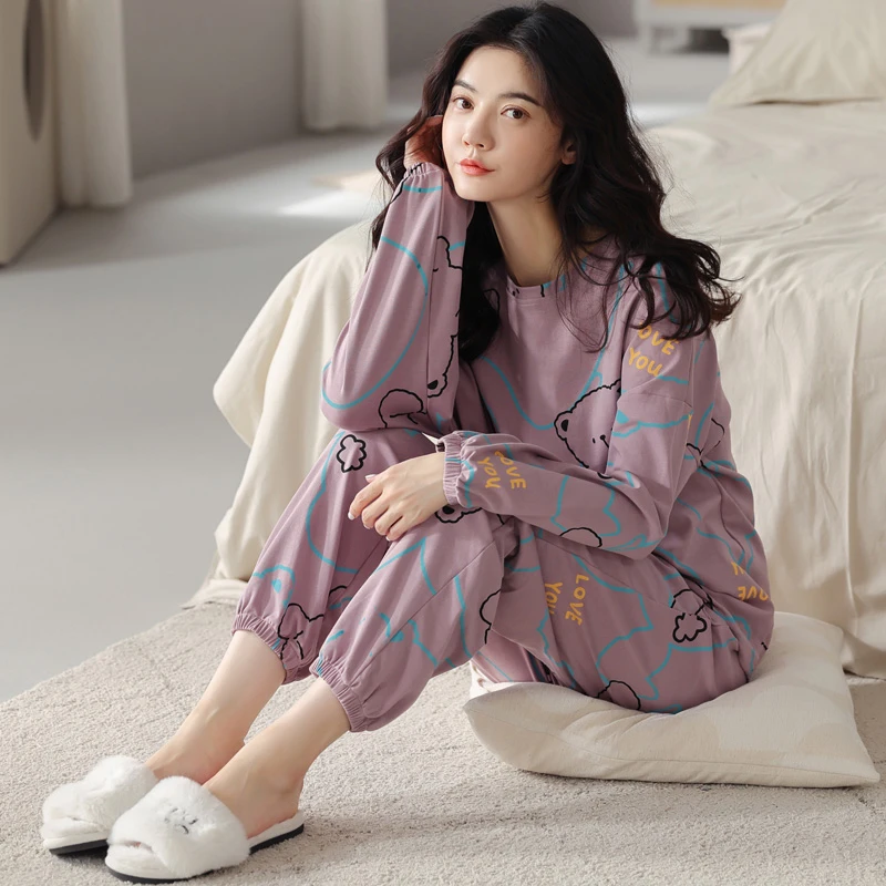 〖100%纯棉〗2020秋冬季新款纯棉睡衣女长袖印花家居服套装可外穿