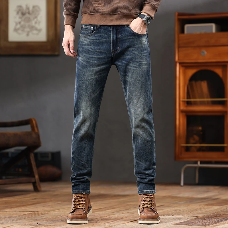 秋冬男士男款牛仔裤子修身小直筒合体版型复古牛仔裤男款