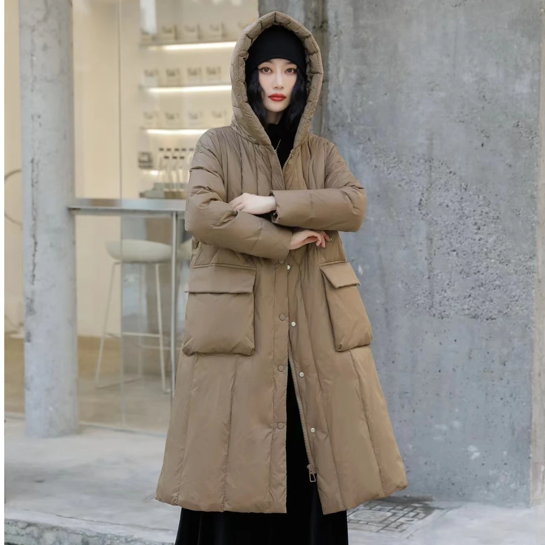 新款连帽羽绒服过膝中长款时尚休闲保暖冬季女装百搭羽绒服
