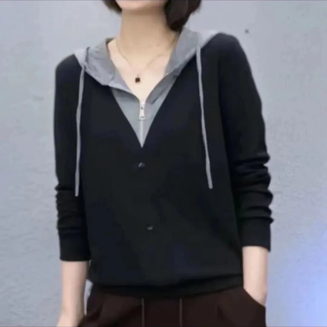 2025新款爆款秋季假两件长袖时尚休闲带帽秋装女款