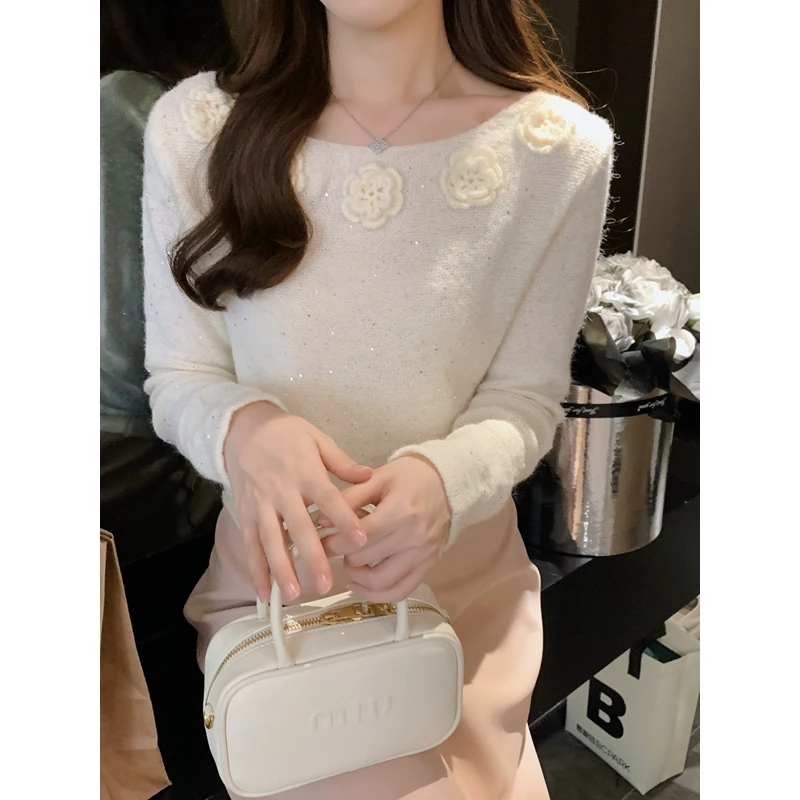 安璃 精致立体花朵亮片细闪毛衣