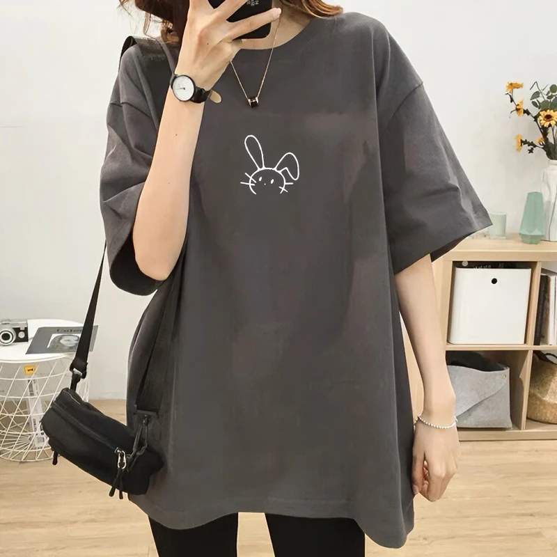 宽松大t恤女夏遮屁股短袖大码打底衫中长款半袖2023新款兔子上衣