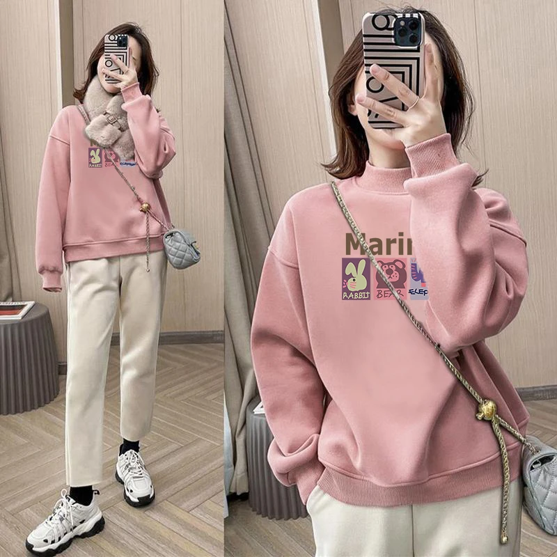 半高领加绒加厚卫衣女2024年秋冬新款小个子韩版宽松内搭套头上衣