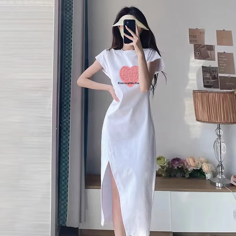 韩系黑色圆领开叉辣妹连衣裙女高级感百搭女生长裙2023新款夏季