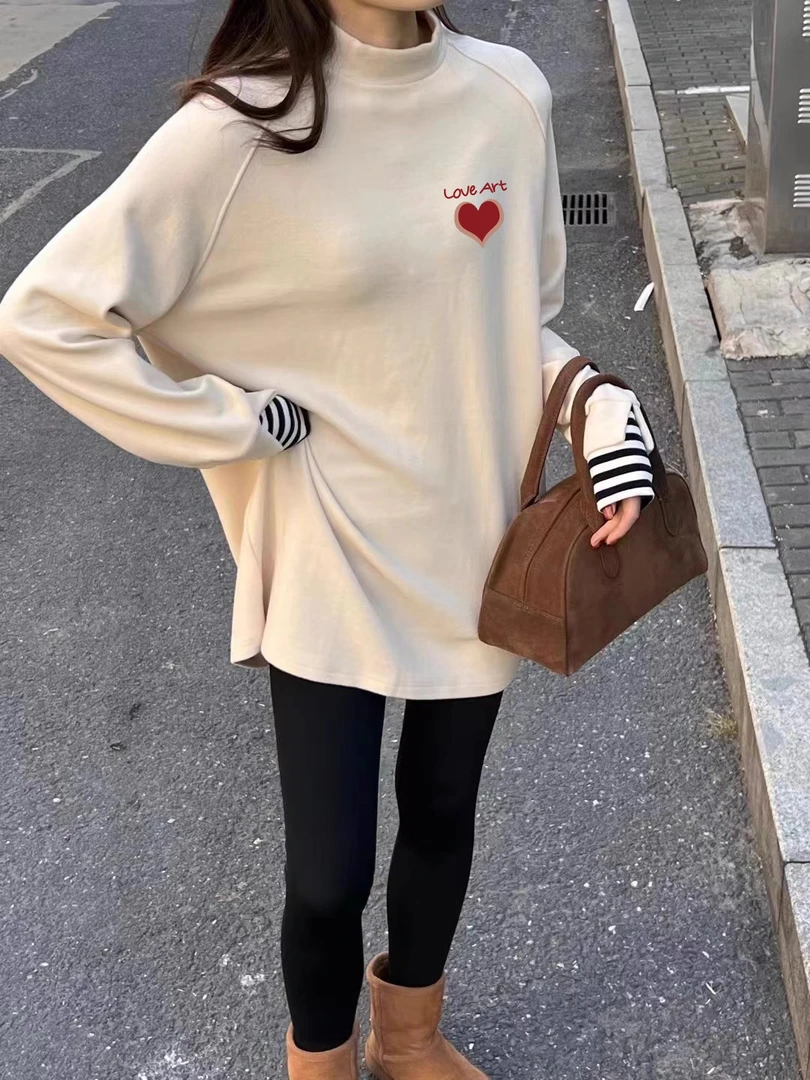 半高领德绒中长款打底衫女秋冬加绒加厚卫衣遮屁股搭配芭比裤上衣