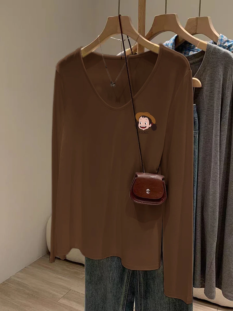 长袖t恤女U领2024秋冬季新款正肩百搭打底衫德绒宽松打底保暖上衣