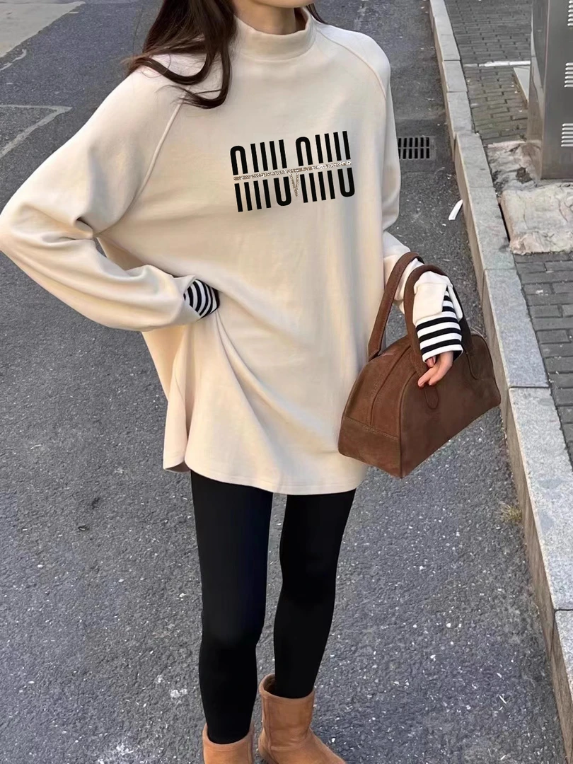 秋冬中长款遮屁股高领印花德绒打底衫女长袖白色卫衣内搭时尚上衣