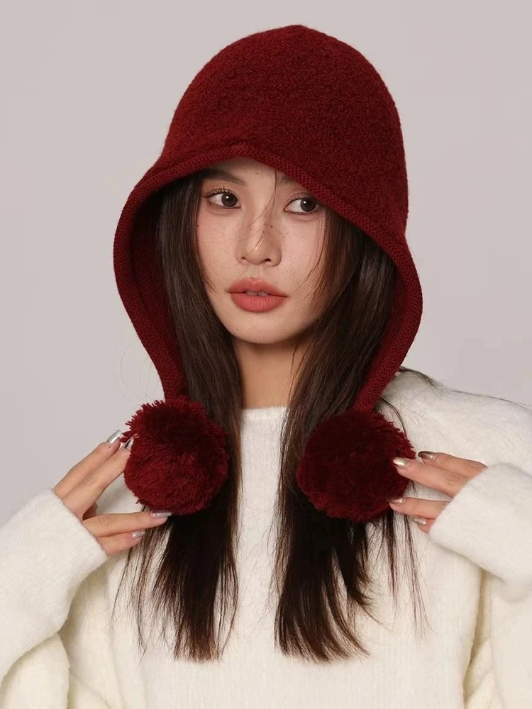 2024秋冬保暖护耳小红帽圈圈羊毛拉法帽毛巾绣针织毛球法帽显脸小