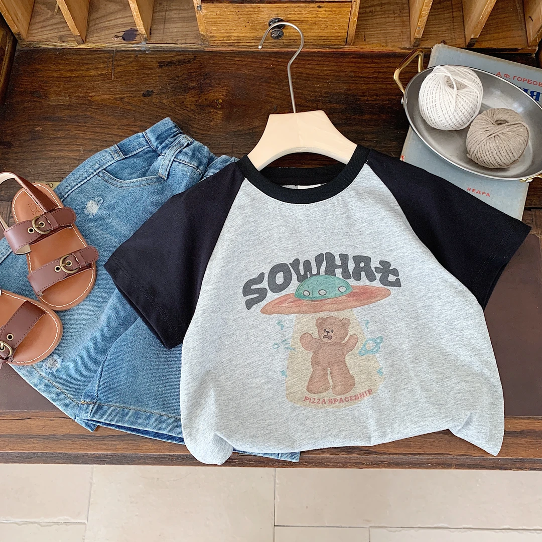 1033 儿童童装拼色卡通小熊短袖T恤夏季新款个性ZYX057