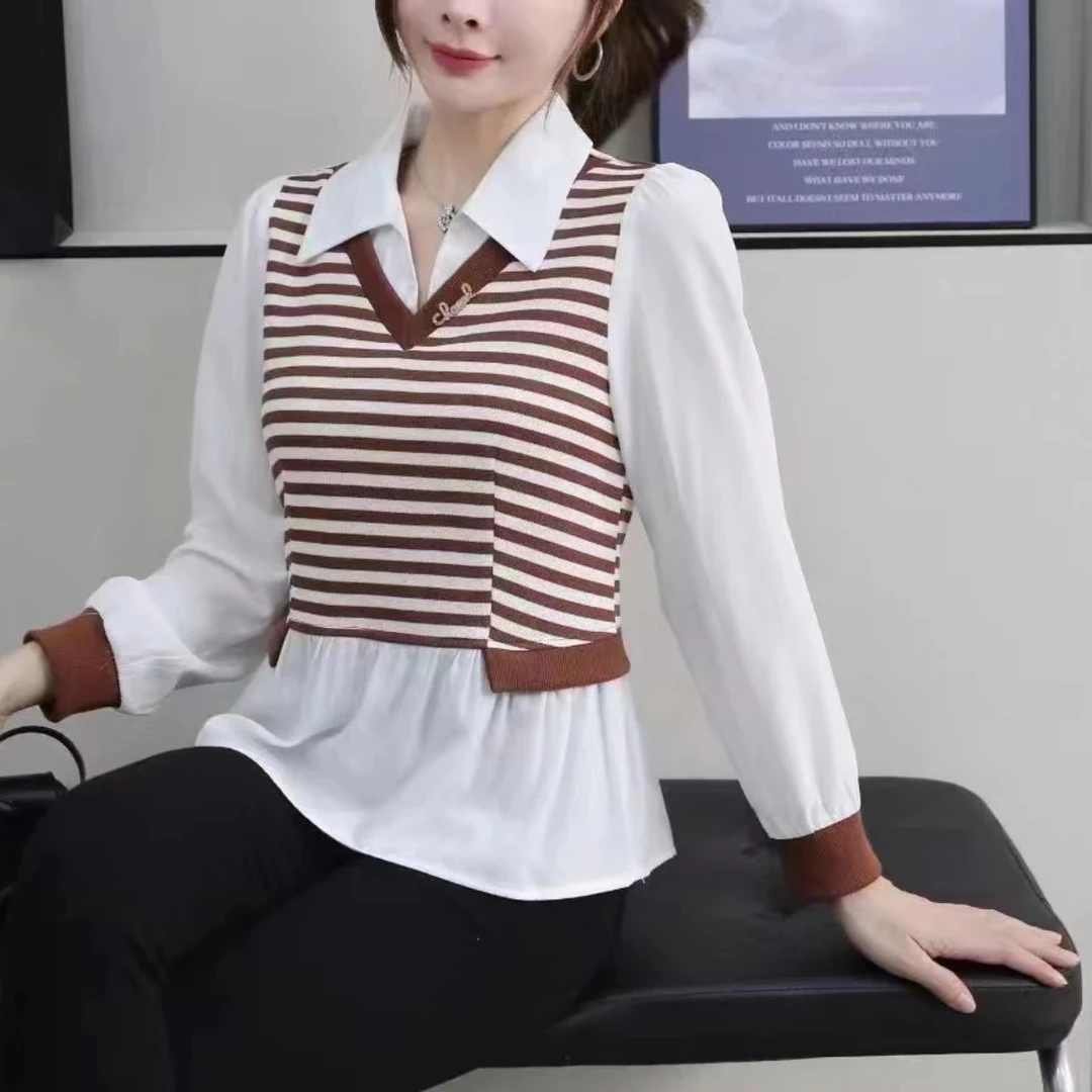 【清仓甩卖】 新款时尚气质V领假两件拼接显瘦遮肉上衣衬衫