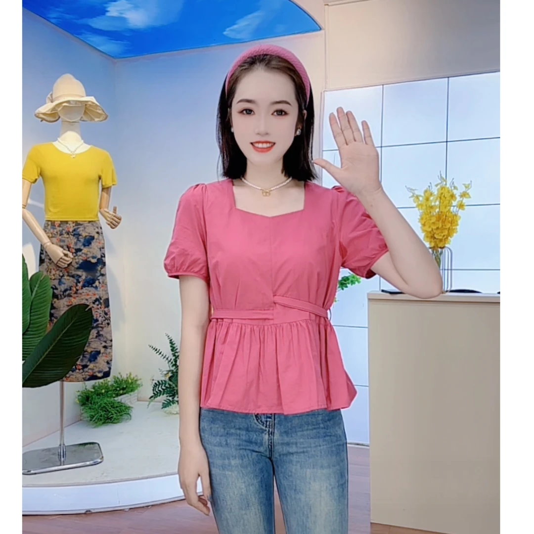 维斯特 新款法式方领绑带遮肉修身显瘦洋气设计感甜美减龄上衣