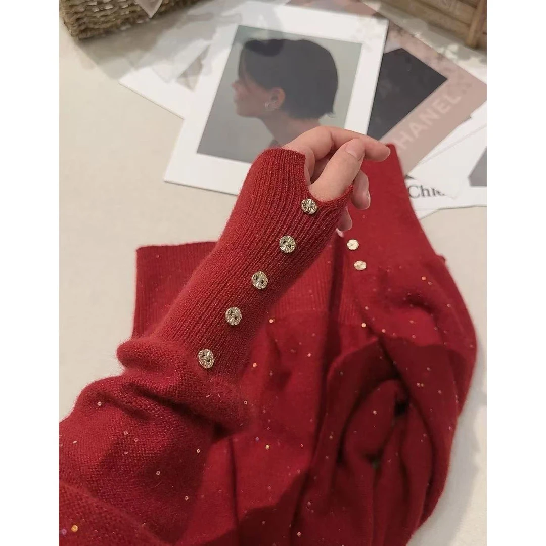 【新年红细闪】红色喜庆长袖针织时尚百搭翻领秋冬毛衣