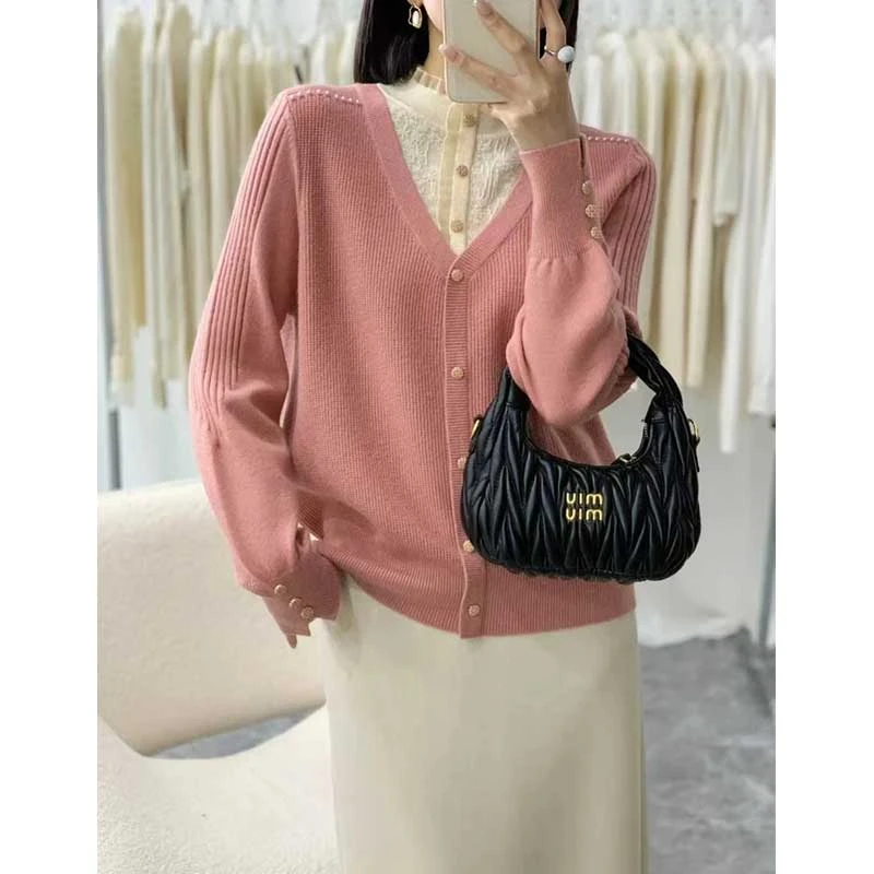 【粉色假两件】气质蕾丝珍珠套头针织衫女