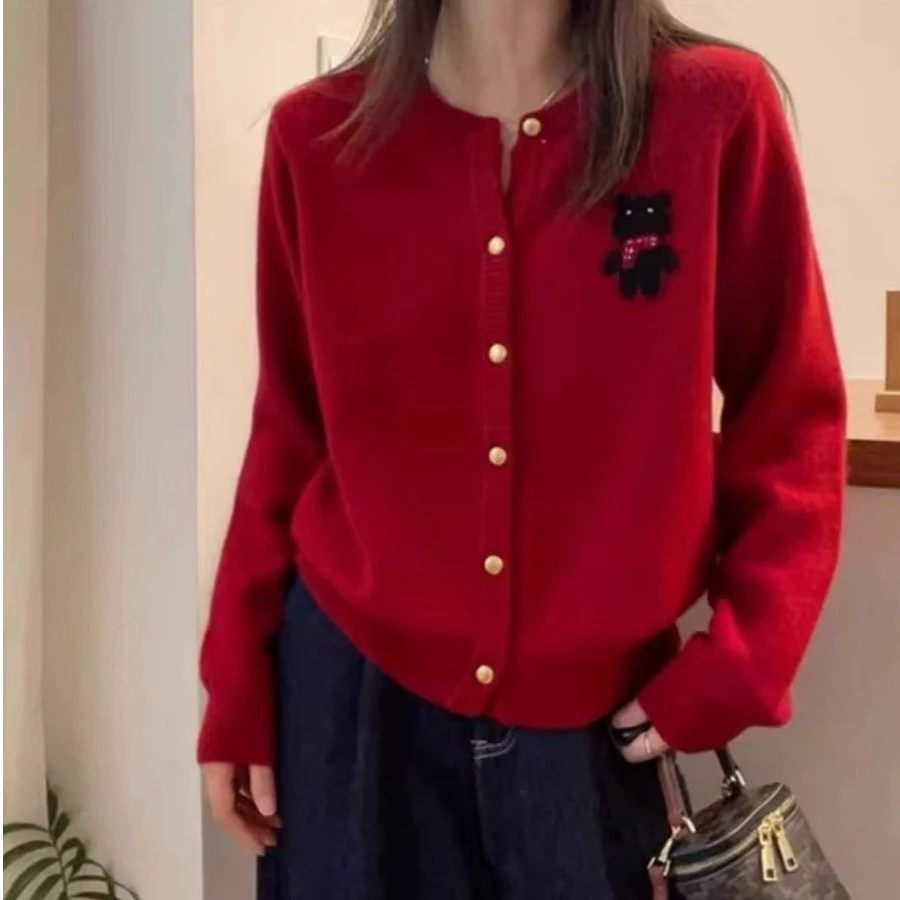 【小浣熊红】网红时尚百搭宽松圆领韩版秋冬开衫