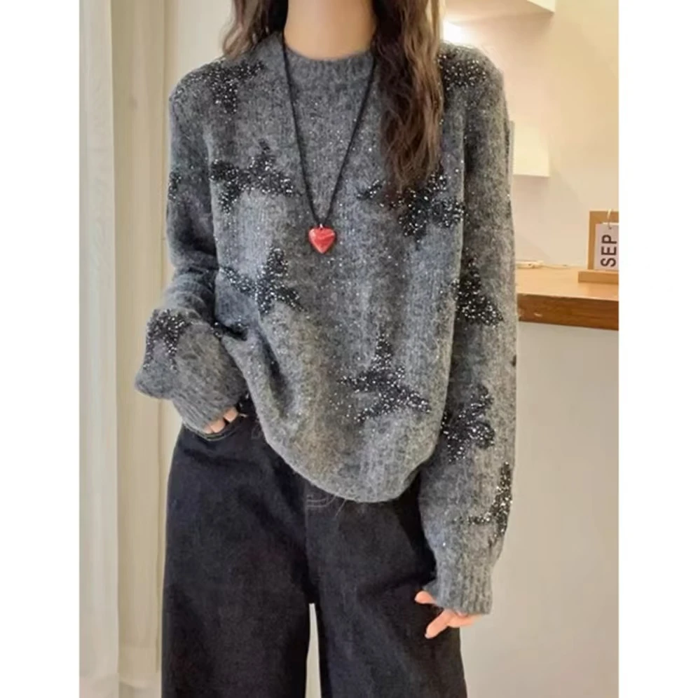 【星光-蝴蝶】新款圆领时尚百搭纯色长袖针织套头长袖女